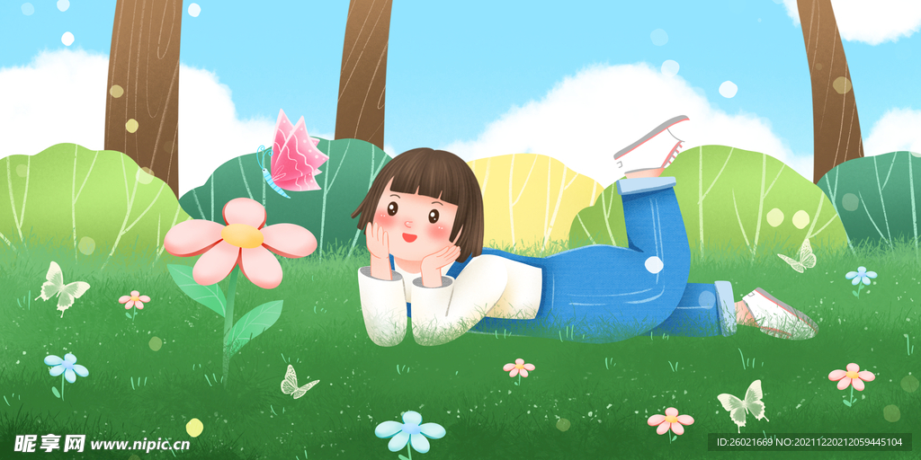 草地上的小女孩插画