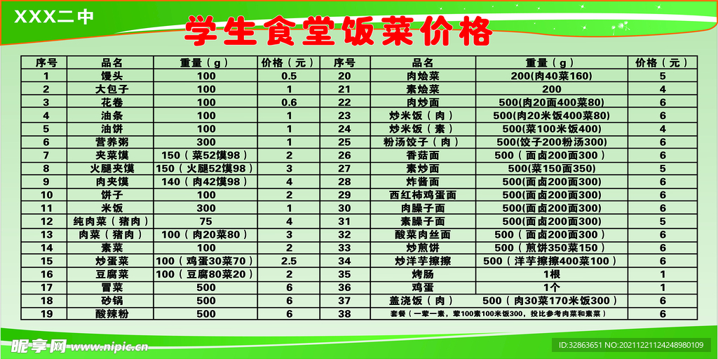 学生食堂饭菜价目表