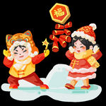 虎年新年场景套图放鞭炮手绘小清