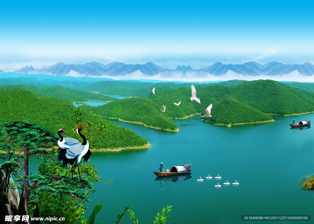 山水风景 仙鹤 背景墙纸 4K