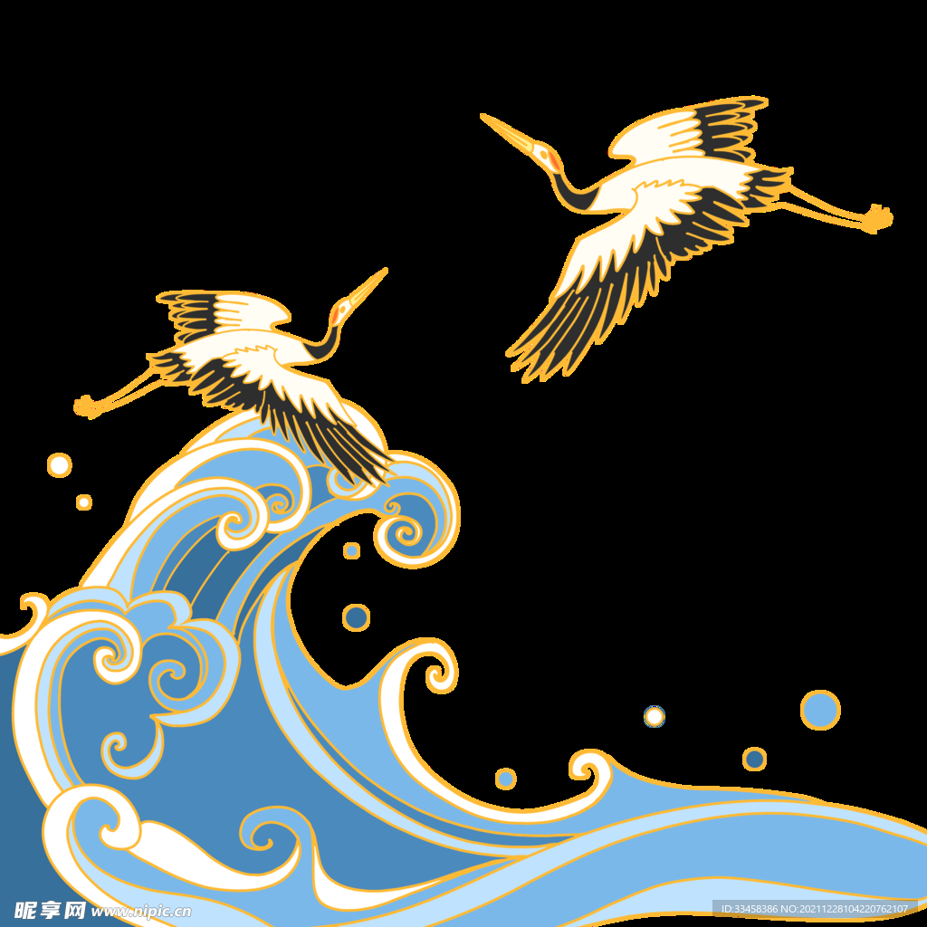 国潮海浪仙鹤元素