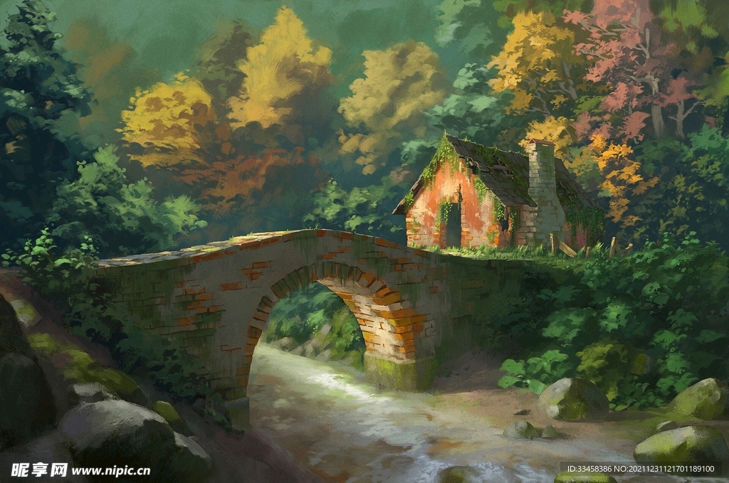 森林 桥梁 房屋 河流风景绘画