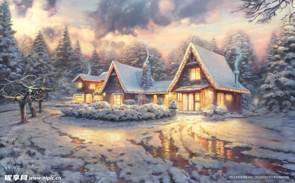 小屋灯火透明雪景冬天寒冷