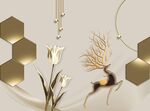 金色花卉植物麋鹿装饰画