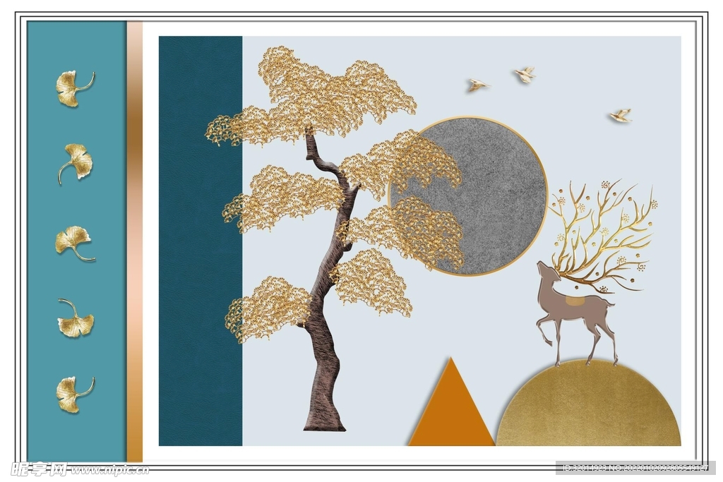 中式麋鹿发财树装饰画