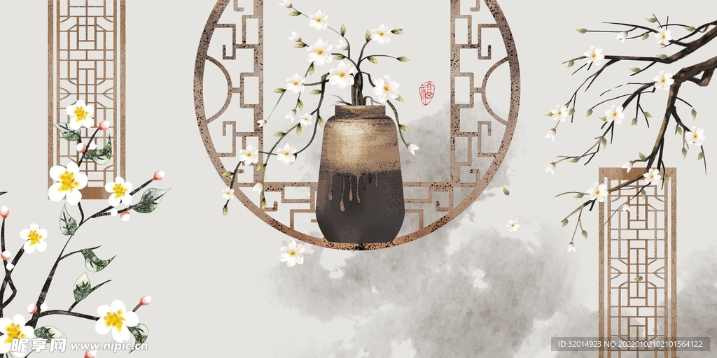 中式花卉花瓶装饰画