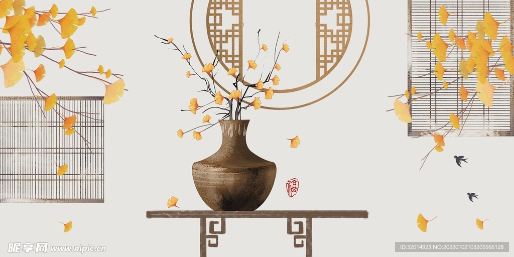 中式银杏叶花瓶装饰画