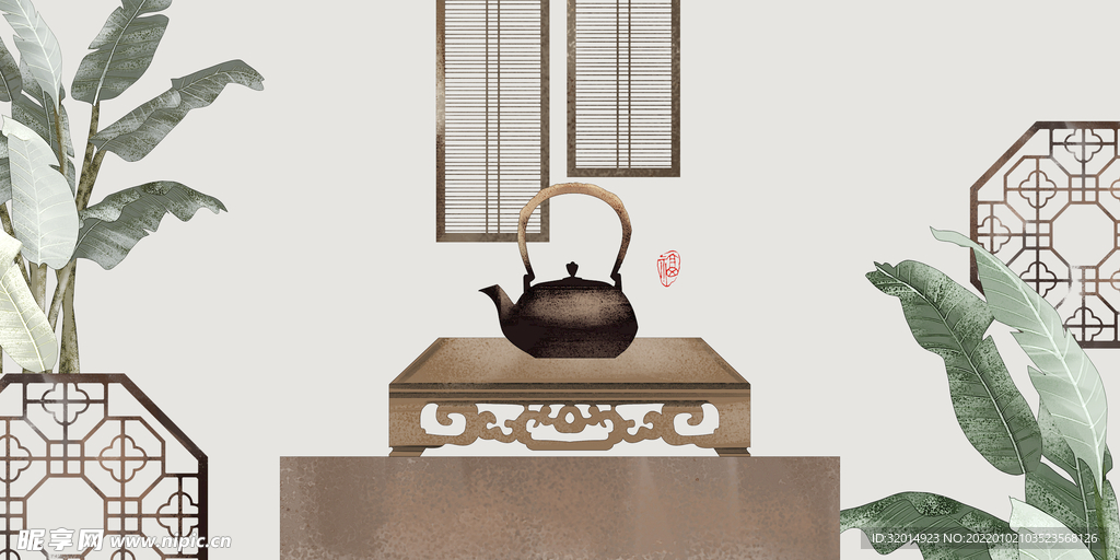 中式植物花卉茶壶装饰画