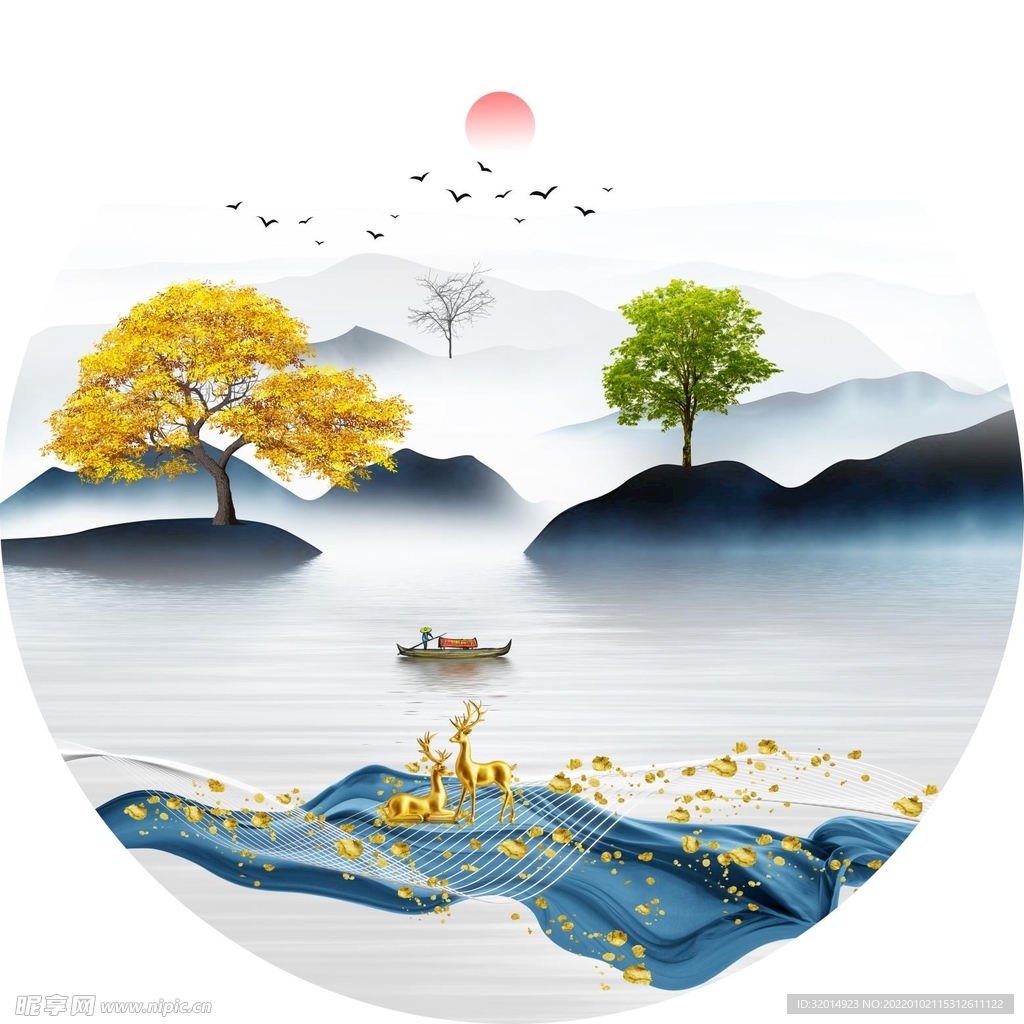 麋鹿意境山水装饰画