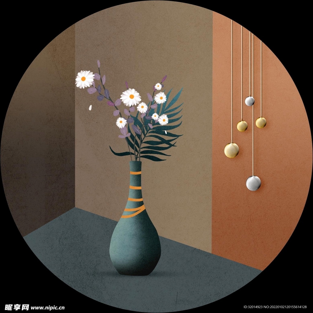 抽象几何手绘花卉花瓶装饰画