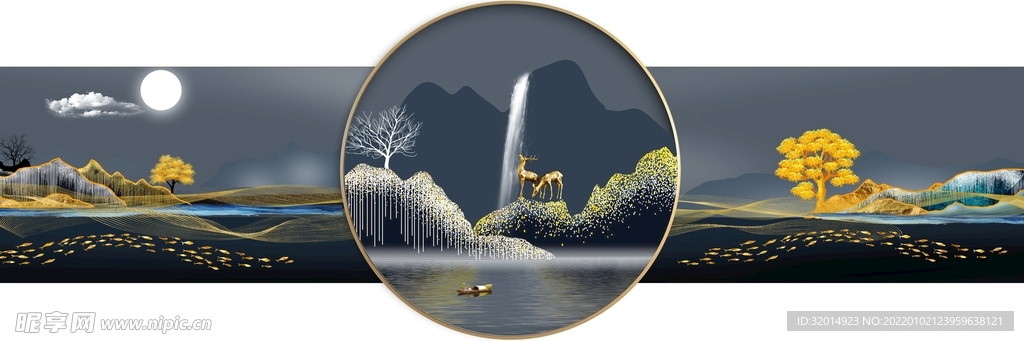 抽象麋鹿金色山水装饰画