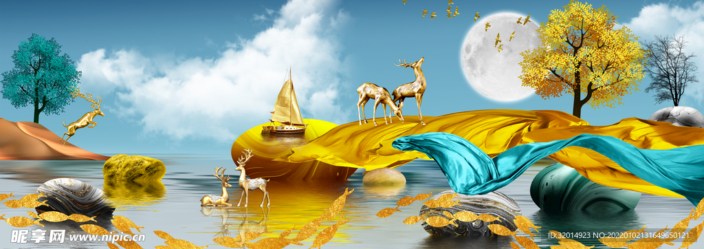 金色发财鹿麋鹿山水装饰画