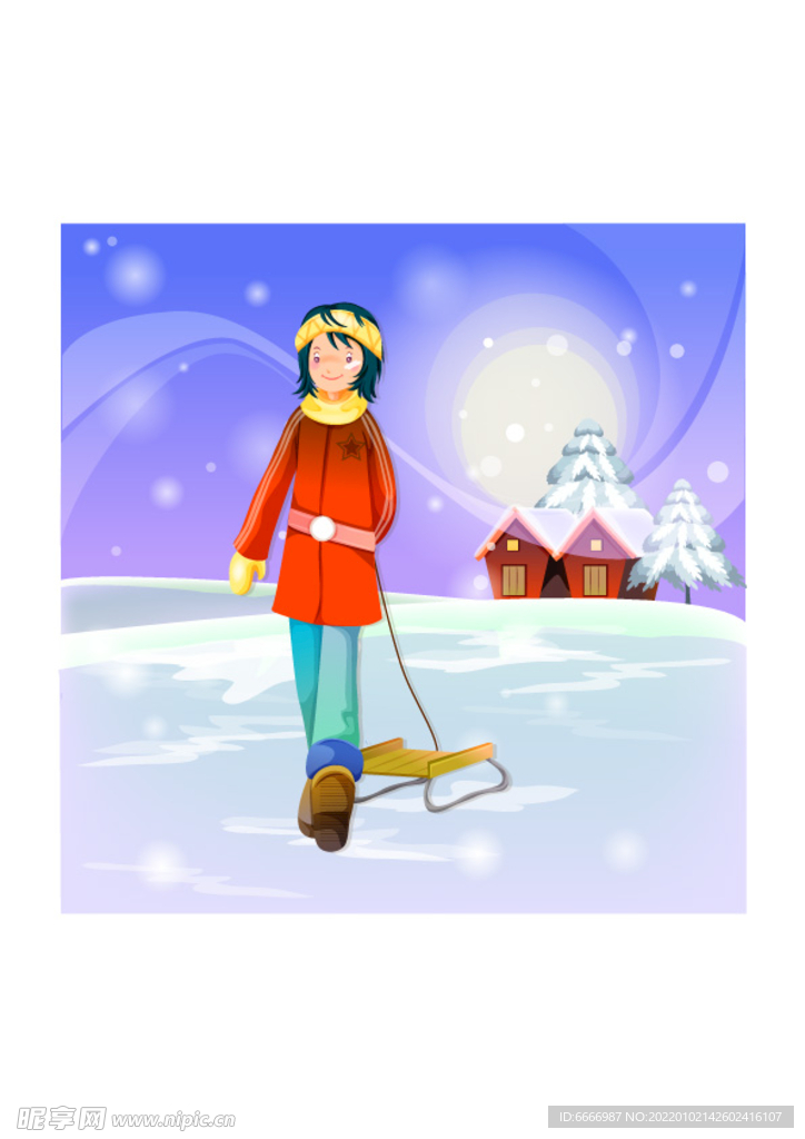 女孩滑雪插画