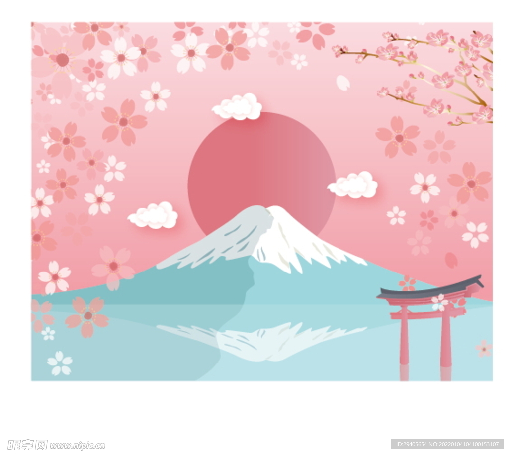 矢量樱花 唯美富士山背景