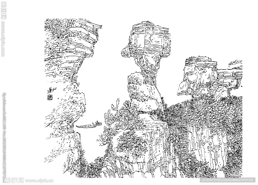 白描山水 
