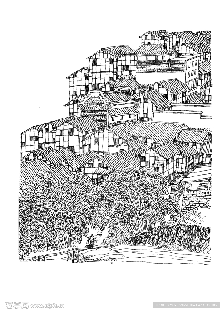 白描山水