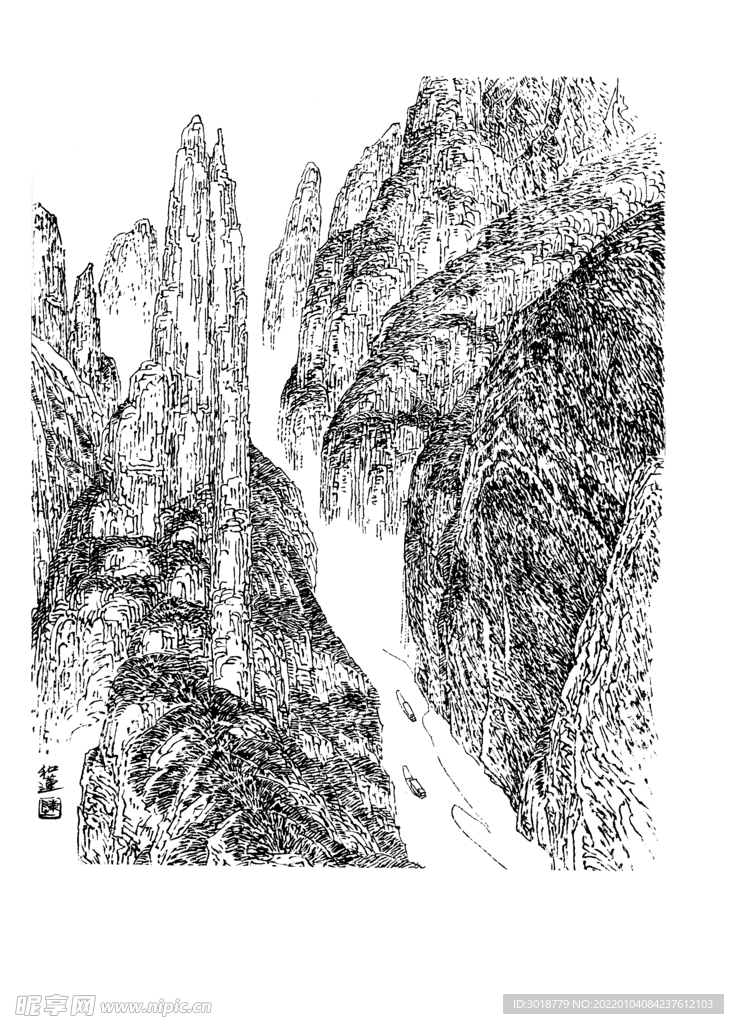 白描山水