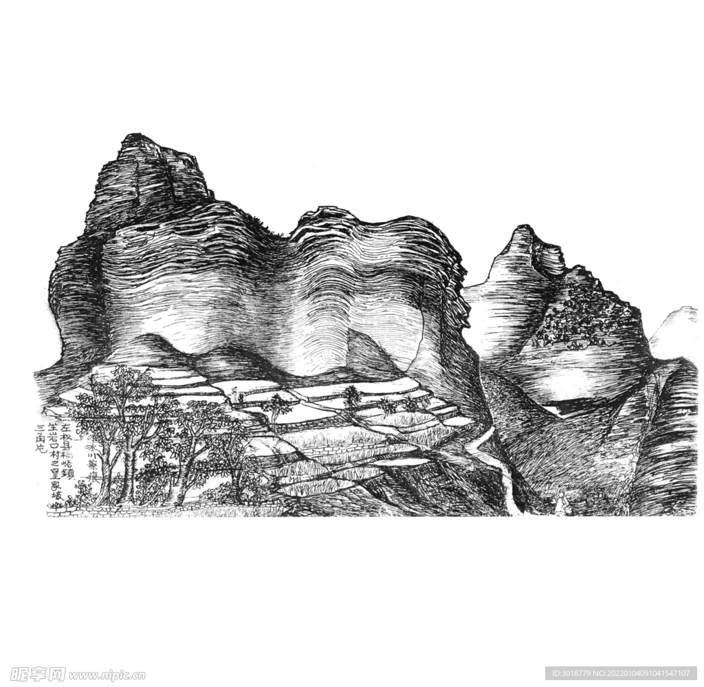 白描山水画  