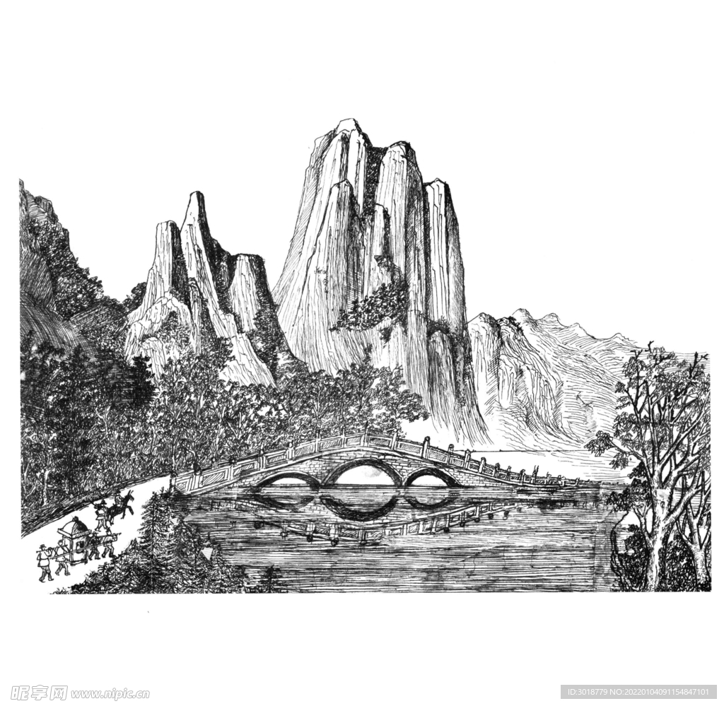 山水建筑人物 