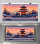 山水古建筑插画背景
