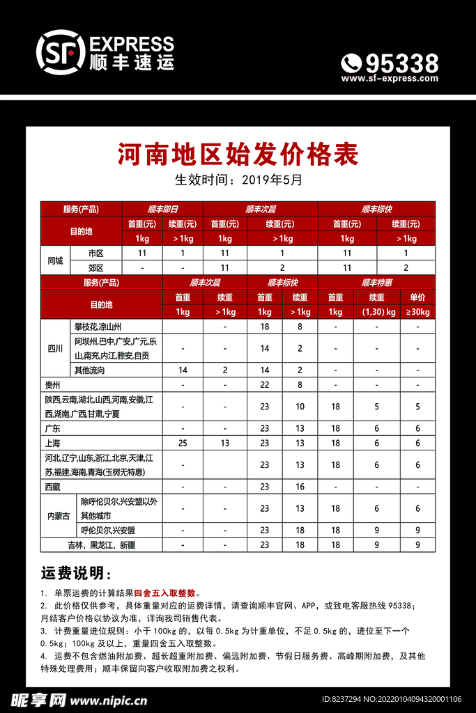 顺丰价格表  制度 标志