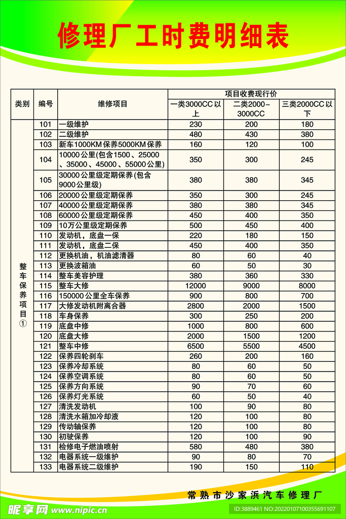 汽修厂工时明细