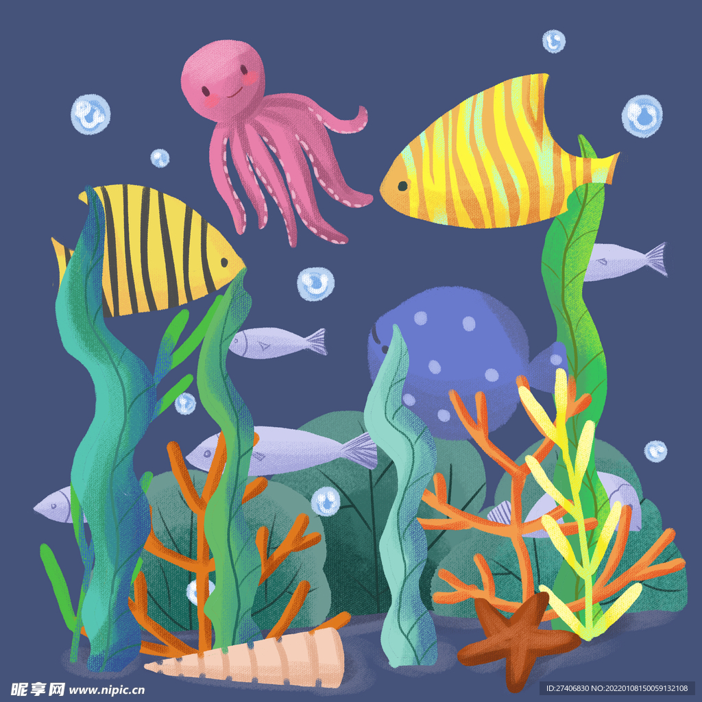 手绘可爱卡通动物海洋海底世界鱼