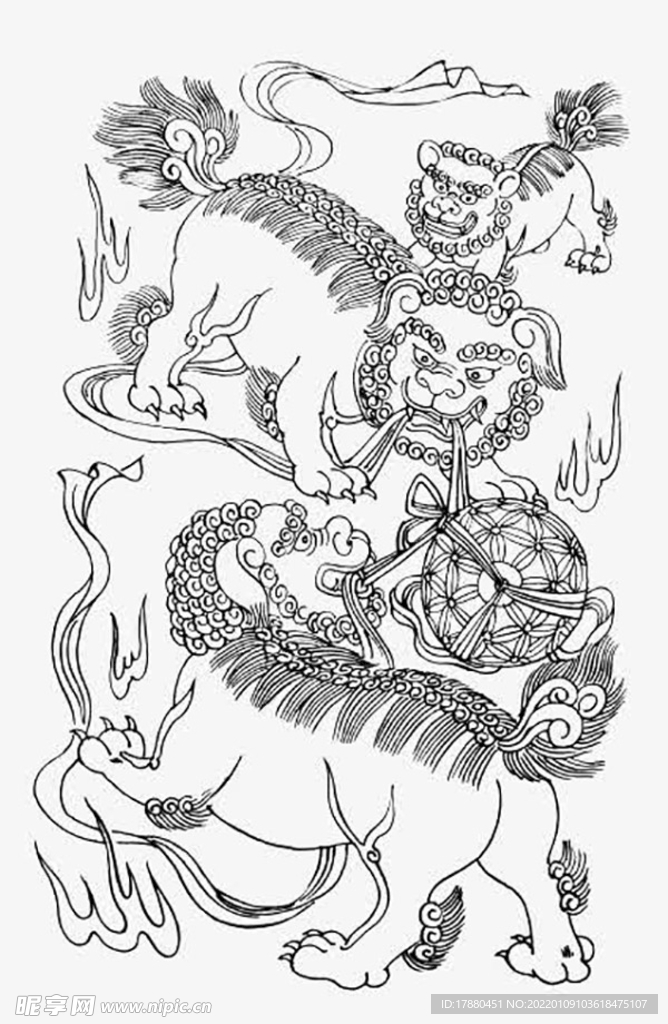 手绘线描舞狮