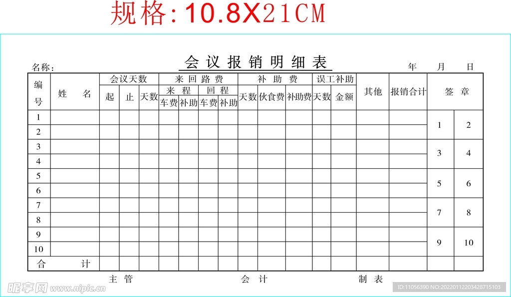 会议报销明细表