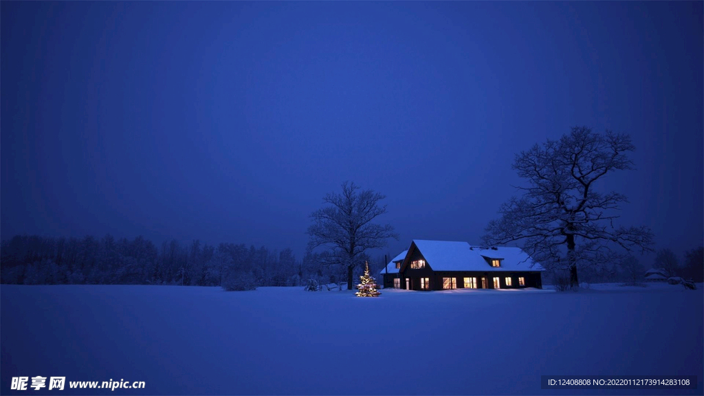 夜晚雪屋