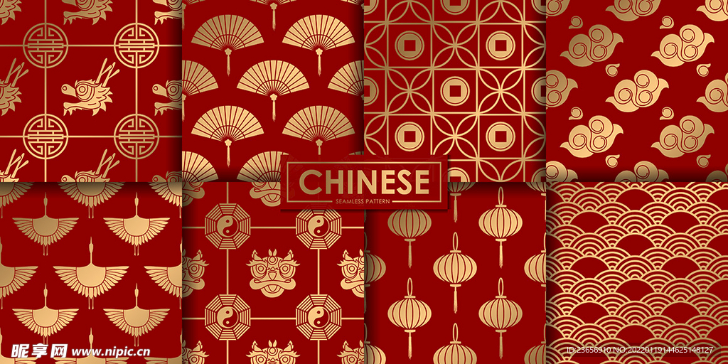 中国风金色红底传统风格无缝拼接