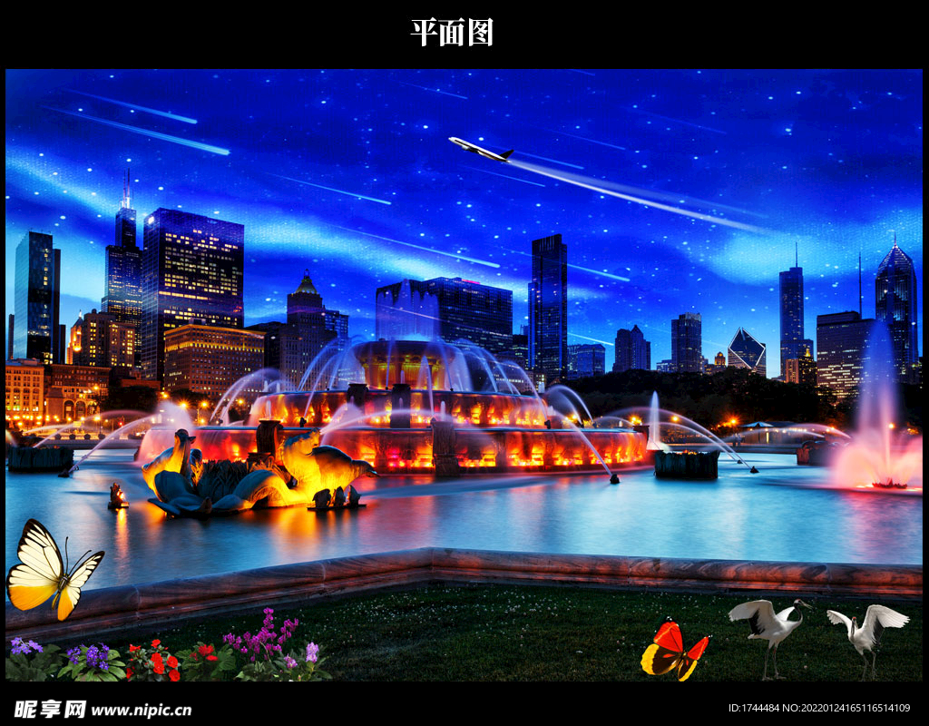 喷泉星空夜景图片