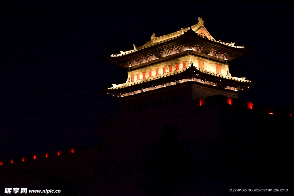 古建筑古城楼城门建筑夜景