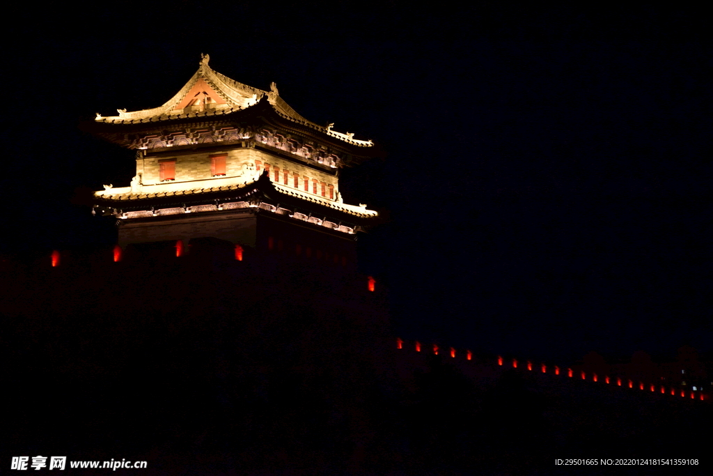 古建筑古城楼城门建筑夜景