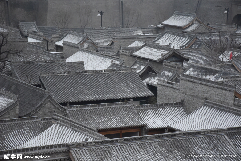 忻州古城古建筑冬天雪景屋顶积雪