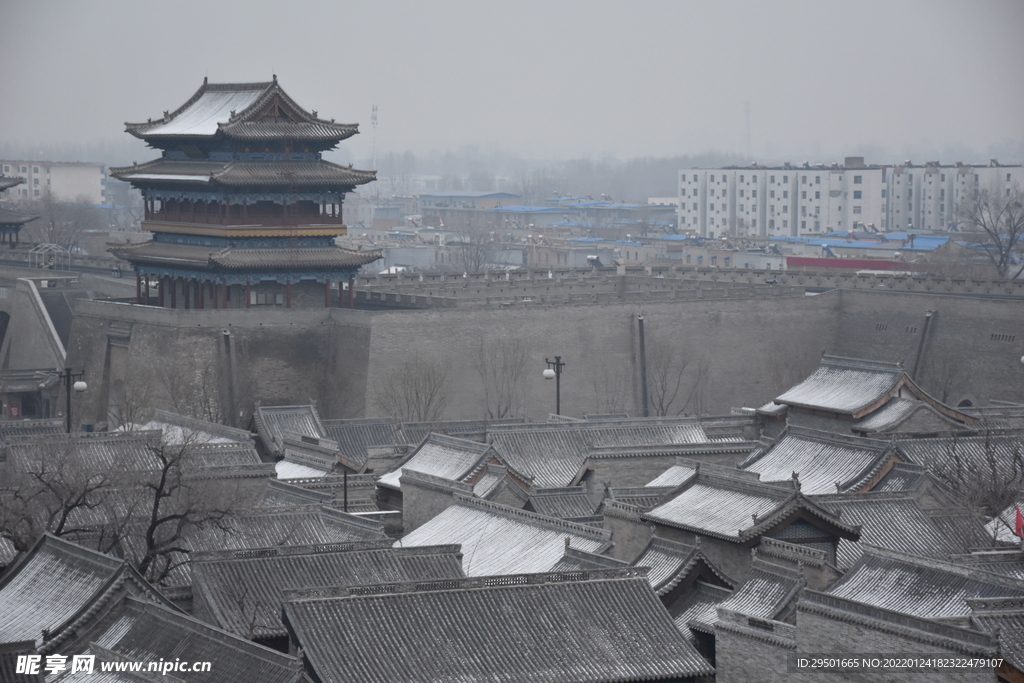 忻州古城城楼城墙古建筑冬天雪景