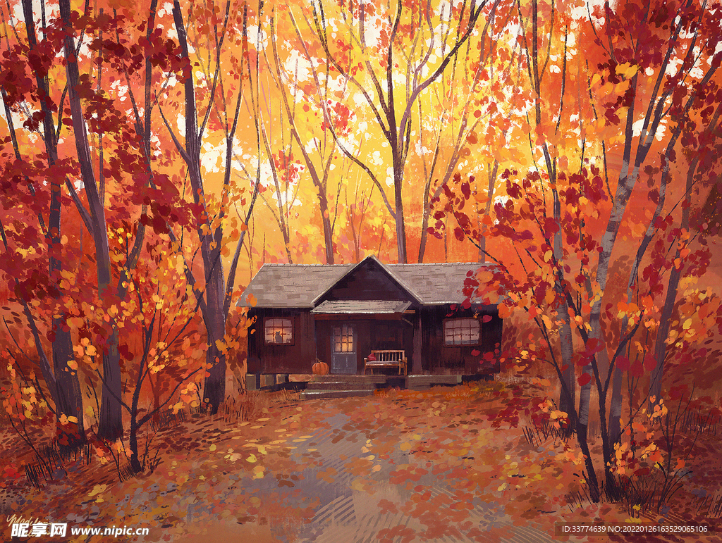秋天林中小屋绘画