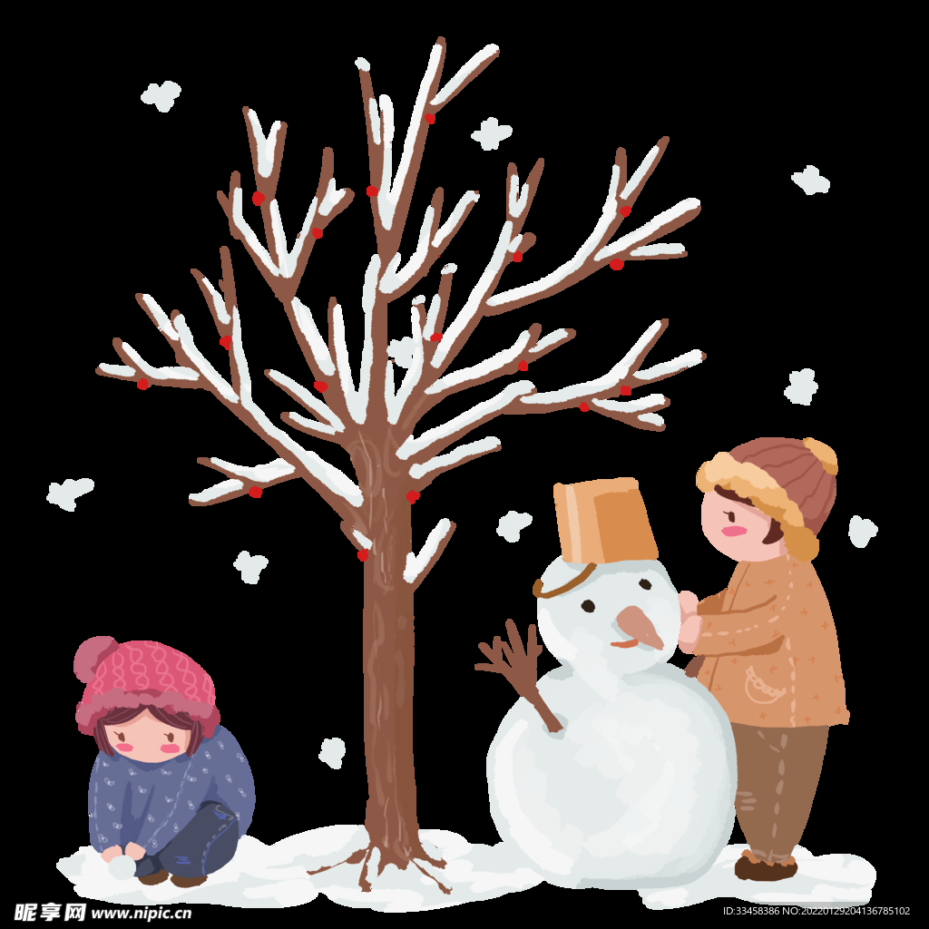 小寒节气下雪树下堆雪人