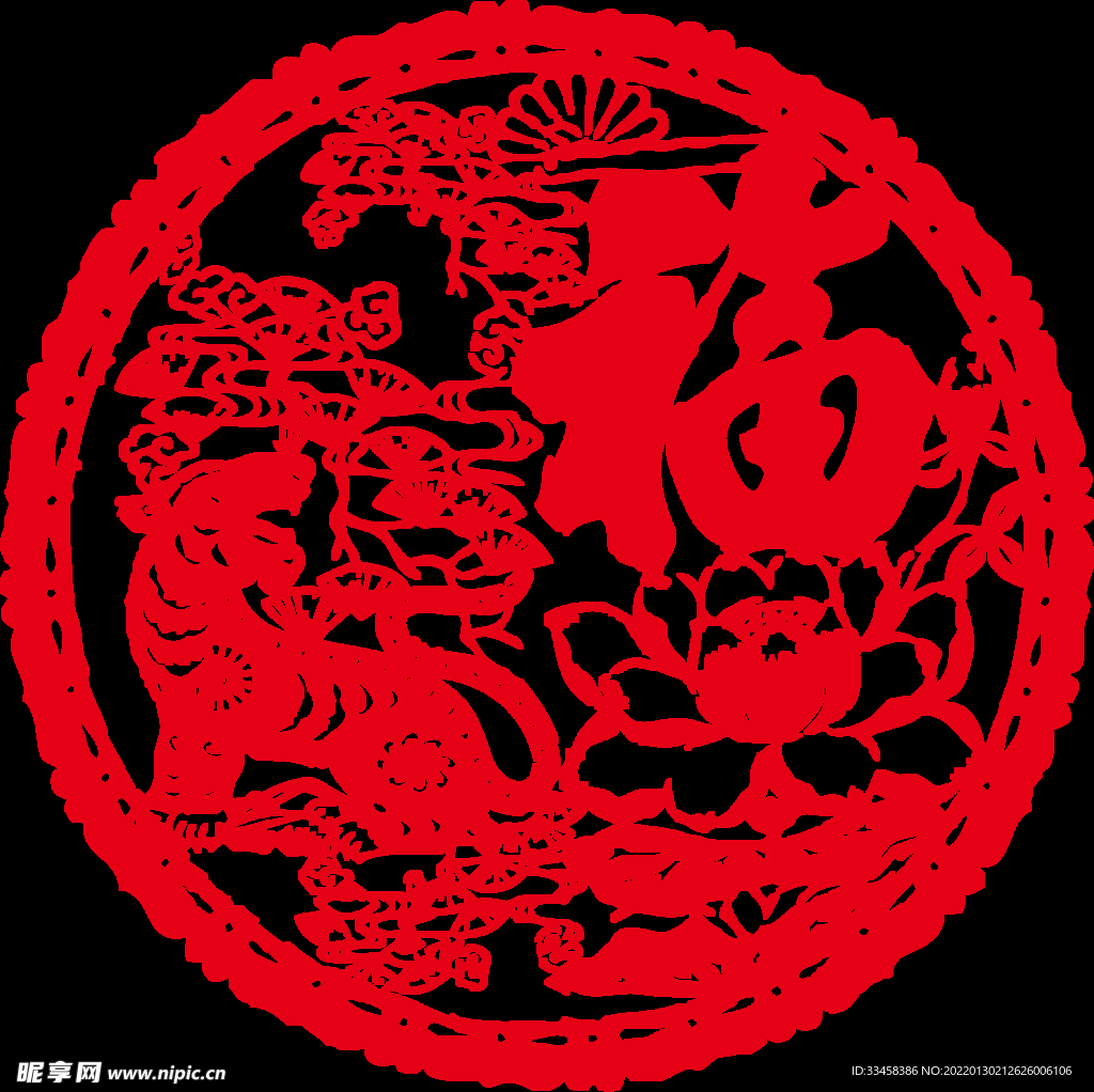 剪纸福字老虎松矢量图