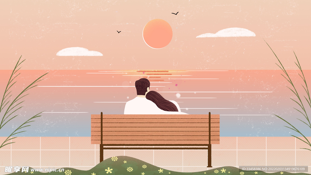 情人节海边长椅上的情侣