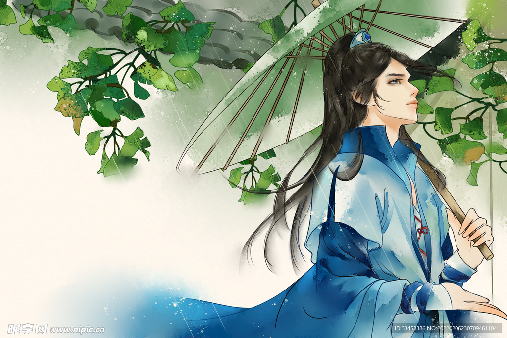 国风水彩月历4月烟雨插画