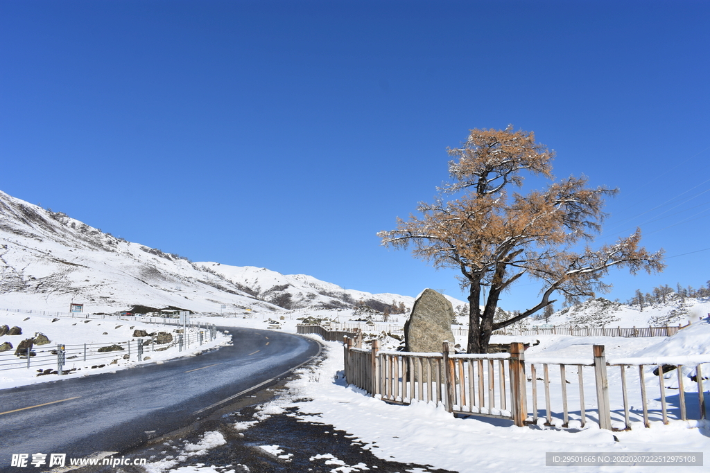 冬季高原山路雪景自然风光