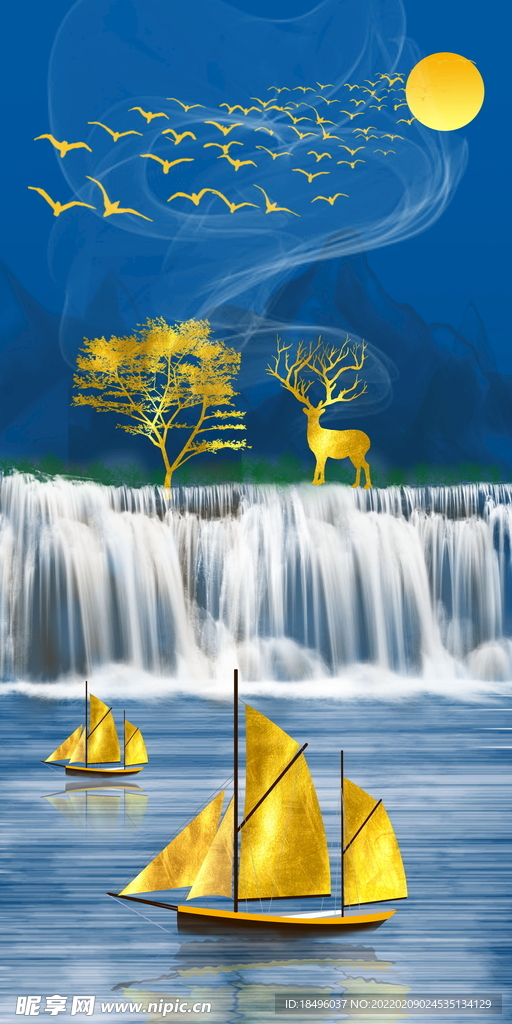 瀑布帆船麋鹿装饰画