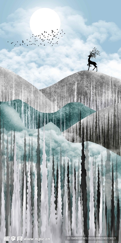 山峰抽象风景麋鹿装饰画
