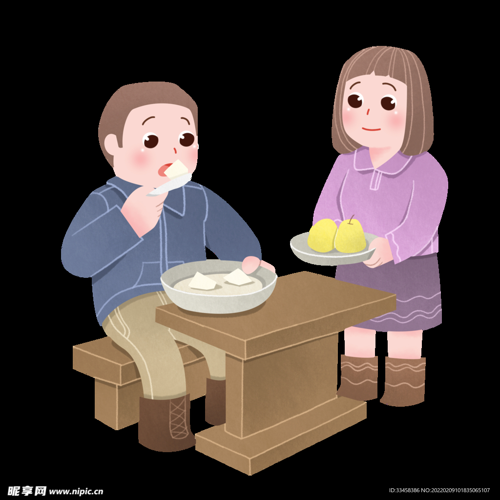 手绘惊蛰吃梨插画