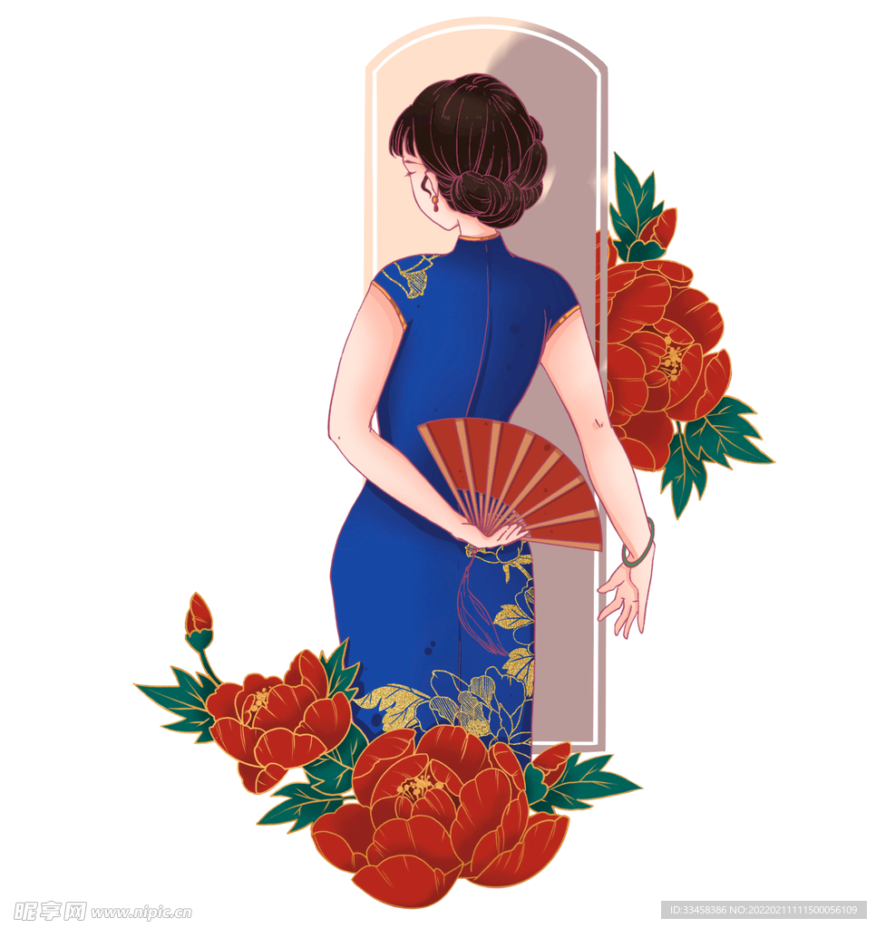 38妇女节国潮旗袍女性背影