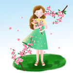  女孩捧桃花