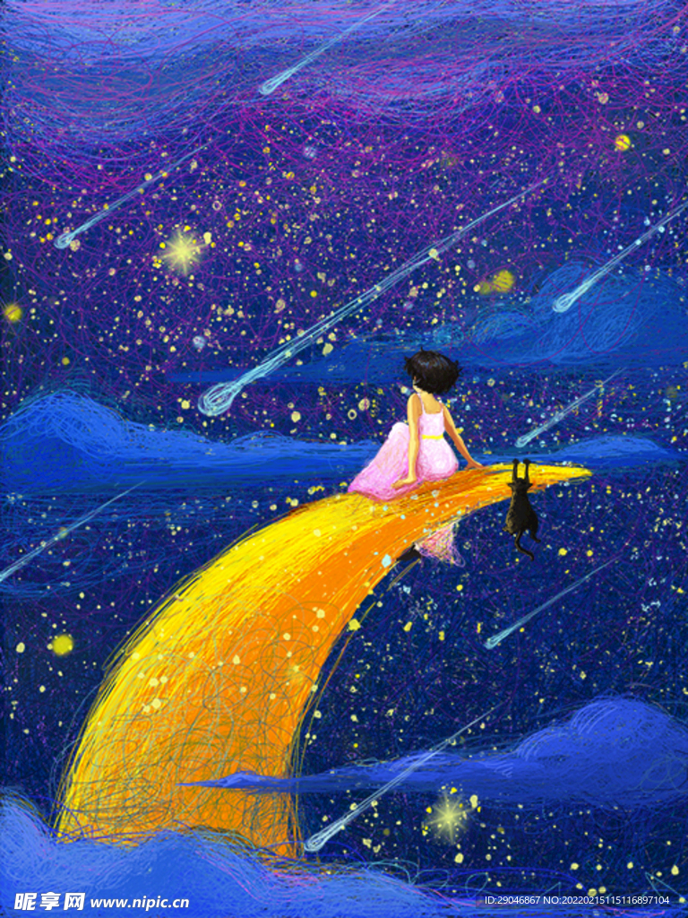 星空下坐在月亮上的女孩