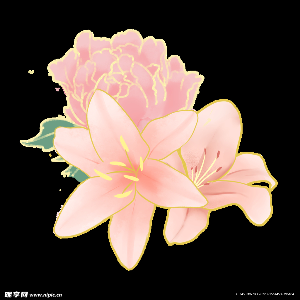 节日金边粉色手绘花叶