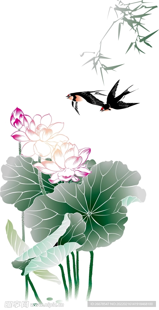 手绘荷花燕子
